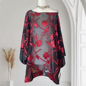Plus Size NWT Whimsygoth Bat Sleeve Shawl Black Mesh Red Velvet Top 3X XXXL